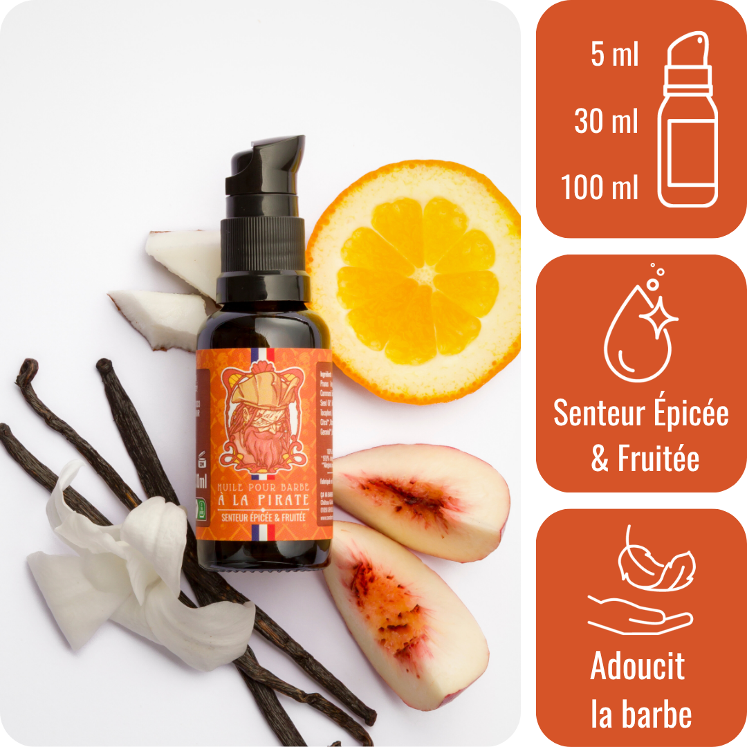 Huile pour barbe à la Pirate – Senteur Épicée et fruitée, Bio